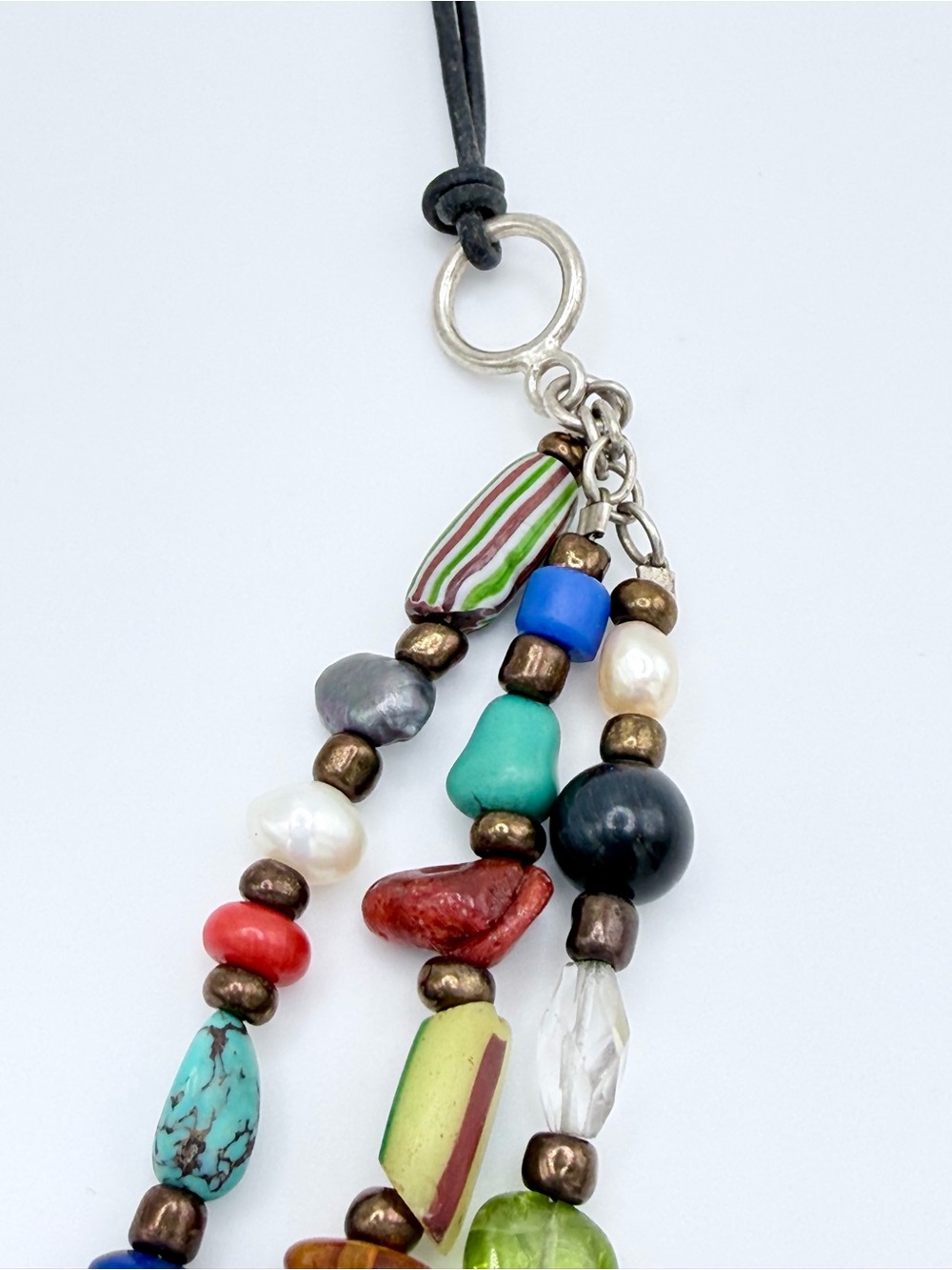 Vintage Peyote Bird Sterling 3-Strand Leather Multi-Stone Blown Glass Necklace - Picture 12 of 16